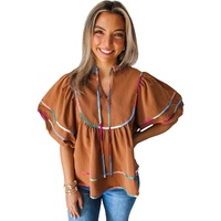 Azura Exchange Thai Curry Colorful Trim Wide Short Sleeve V Neck Blouse - S thumbnail