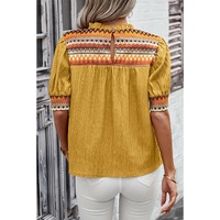 Mustard Geometric Short Puff Sleeve Frilled Collar Blouse - L thumbnail