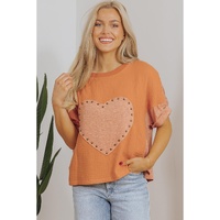 Desert Gold Stud Heart Patch Textured Front Dolman Top - S thumbnail