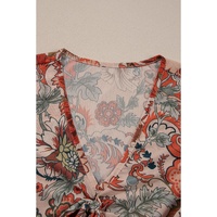 Orange Floral Print Deep V Neck Knot Bell Sleeve Blouse - L thumbnail
