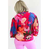 Rose Blooming Flower Print Ruffled Puff Sleeve Blouse - M thumbnail