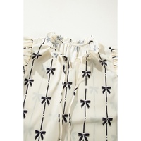 Beige Bow Printed Ruffled Bubble Sleeve Tied Notched V Neck Blouse - L thumbnail
