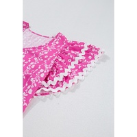 Pink Floral Print Ric-rac Tiered Ruffled V Neck Blouse - L thumbnail