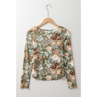 Green Floral Print Mesh Fitted Long Sleeve Top - M thumbnail