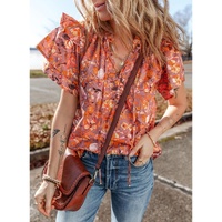 Orange Floral Print Ruffled Flutter Sleeve Frilled V Neck Blouse - L thumbnail