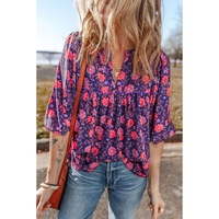 Purple Floral Half Sleeve Split Neck Blouse Top - L thumbnail