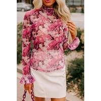 Rose Floral Mesh Flounce Sleeve Mock Neck Blouse - L thumbnail