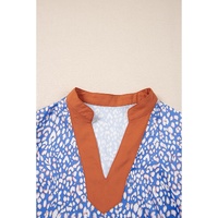 Ashleigh Blue Leopard Print Spot Contrast V Neck Half Puff Sleeve Shirt - L thumbnail