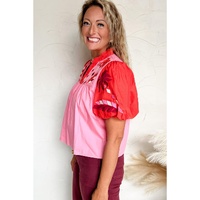 Pink Floral Embroidered Notch V Neck Puff Sleeve Babydoll Blouse - L thumbnail