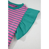 Pink Stripe Colorblock Ruffled Sleeve Crew Neck Blouse - L thumbnail