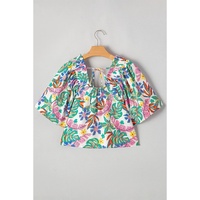 Green Plant Print Loose Fit Puff Sleeve Square Neck Blouse - L thumbnail