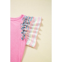 Bonbon Striped Ruffle Flutter Sleeve Ribbed Blouse - L thumbnail