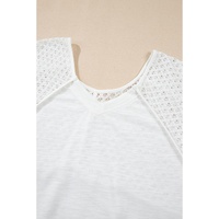 White Eyelet Patchwork High Low Hem V Neck Oversized Top - L thumbnail