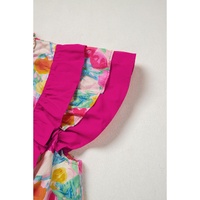 Pink Floral Layered Ruffle Flutter Sleeve Tie V Neck Blouse - L thumbnail