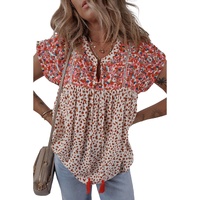 Red Printed Embroidery Detail Tie Split Neck Blouse - L thumbnail