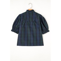 Green Stripe Plaid Puff Sleeve Frilled Trim Elegant Blouse - L thumbnail