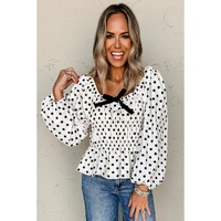 Black Polka Dot Puff Sleeve Bow Square Neck Peplum Top - L thumbnail