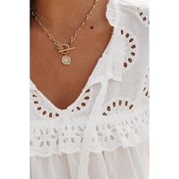 White Embroidered Lace Patchwork Tie Neck Puff Short Sleeve Blouse - M thumbnail