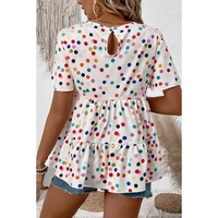 White Colorful Polka Dot Short Sleeve Tiered Ruffled Babydoll Blouse - L thumbnail