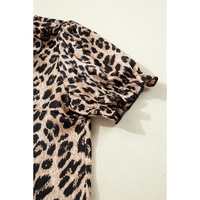 Khaki Leopard Ruffled Neck Cascading Puff Short Sleeve Top - L thumbnail