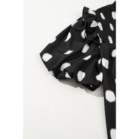 Black Polka Dot Print Shirred Yoke Notched Neck Balloon Sleeve Blouse - L thumbnail