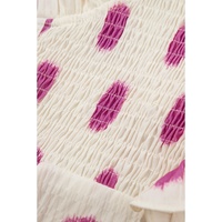 Rose Polka Dot Print Shirred Yoke Notched Neck Balloon Sleeve Blouse - L thumbnail