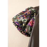 Four Leaf Clover Floral Bubble Sleeve Patchwork Leatherette Frilled Round Neck Blouse - L thumbnail