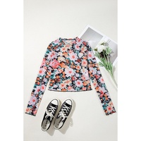 Orange Floral Mesh Slim Long Sleeve Crop Top - S thumbnail