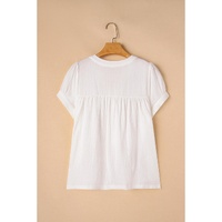 White Textured Short Sleeve Buttons Frayed Blouse - L thumbnail