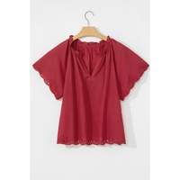 Red Dahlia Floral Embroidered Scallop Trim Short Sleeve V Neck Blouse - L thumbnail
