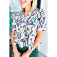 Purple Floral Ricrac Trim Half Sleeve Peplum Top - L thumbnail