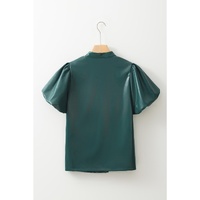 Sea Green  Notched V Neck Short Puff Sleeve PU Leather Blouse - L thumbnail