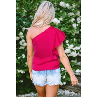 Strawberry Pink Asymmetric Shoulder Ruffle Sleeve Elegant Blouse - L thumbnail