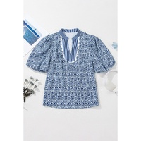 Blue Floral Striped Print Contrast Ric-rac Puff Sleeve Top - L thumbnail