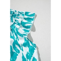 Sky Blue Abstract Print Frilled Crewneck Loose Fit Blouse - L thumbnail