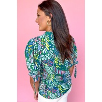 Green Brushwork Geometric Print Puff Sleeve Notched Neck Blouse - L thumbnail