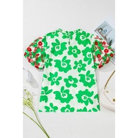 Green Contrast Embroidered Puff Short Sleeve Floral Blouse - L thumbnail