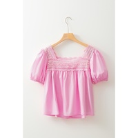 Light Pink Lace Square Neck Patchwork Puff Sleeve Blouse - L thumbnail
