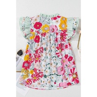 Pink Floral Print Contrast Ruffle Trim Short Sleeve Blouse - L thumbnail