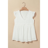 White Textured Ruffled Trim V Neck Flutter Flowy Top - M thumbnail