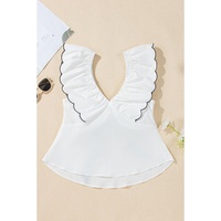 White Contrast Bow Ruffle Trim V Neck Blouse - M thumbnail
