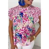 Pink Floral Mixed Print Ruffle Cap Sleeve Blouse - L thumbnail