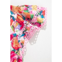 Multicolour Lace Trim Ruffle Short Sleeve Floral Blouse - M thumbnail