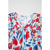 Red Flowers Pintuck Detail V-Neck Ruffled Sleeve Top - L thumbnail