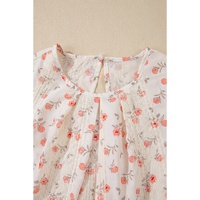 Pink Floral Print Embroidery Detail Crochet Cap Sleeve Blouse - L thumbnail