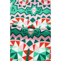 Sea Green Boho Abstract Print Contrast Striped Collared V Neck Blouse - L thumbnail