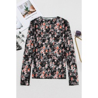 Black Floral Mesh Sheer Long Sleeve Top - L thumbnail