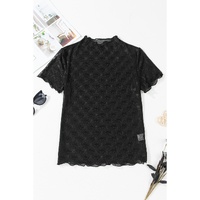 Black Bowknot Sheer Mesh Mock Neck Lettuce Trim Short Sleeve Top - L thumbnail