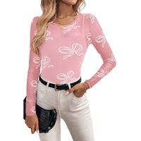 Pink Round Neck Bow Print Long Sleeve Mesh Top - L thumbnail