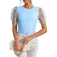 Beau Blue Floral Mesh Puff Sleeve Crew Neck Top - L thumbnail